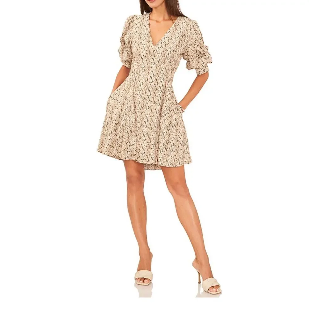 1.State NWT V-Neck Mini Dress Sz XS Oatmeal Bubble‎ Puff Sleeve Hi-Low Hem Swing